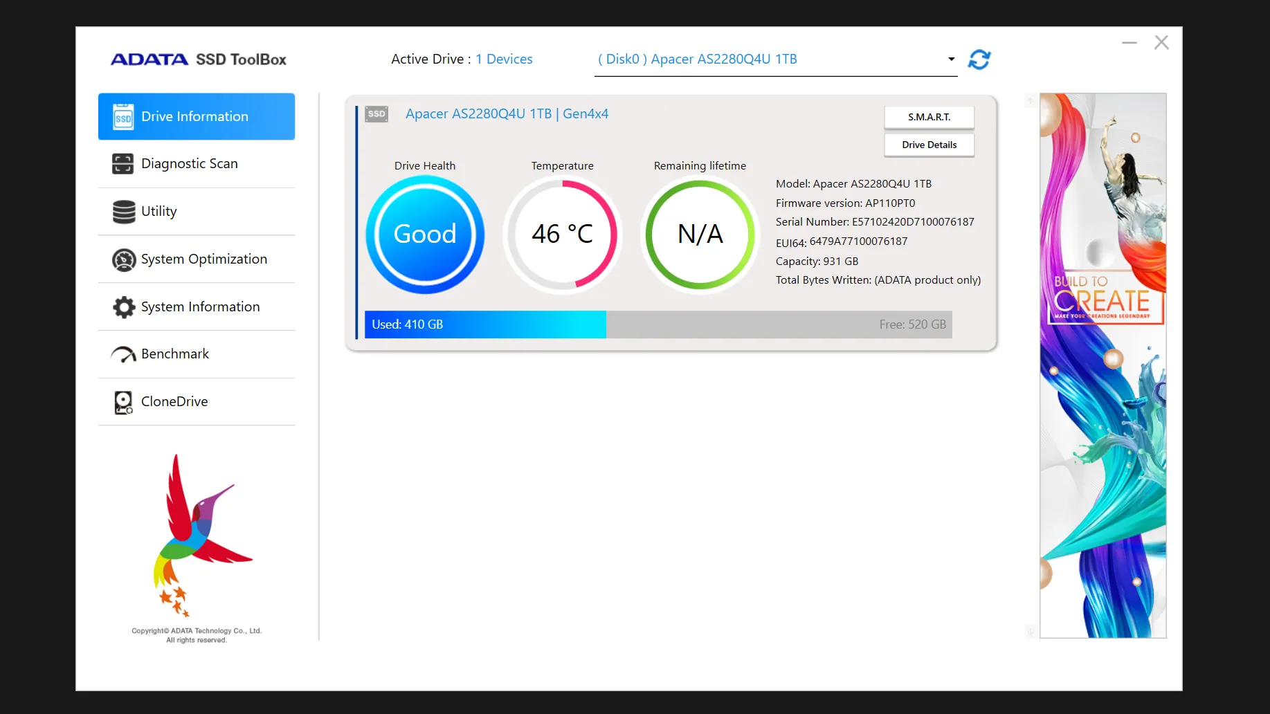 ADATA SSD Toolbox hiển thị tình trạng sức khỏe của ổ cứng NVMe SSD