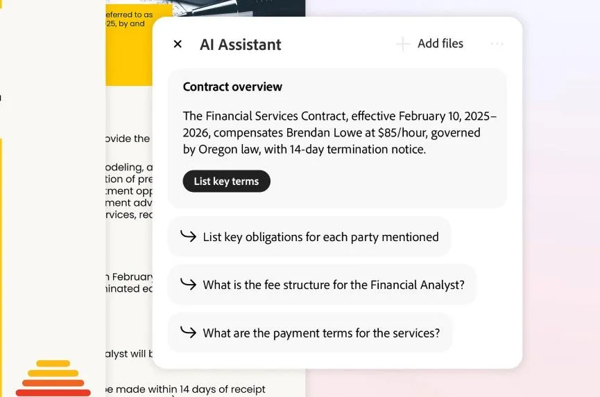 Adobe Acrobat AI liệt kê các điều khoản chính và thuật ngữ pháp lý trong hợp đồng