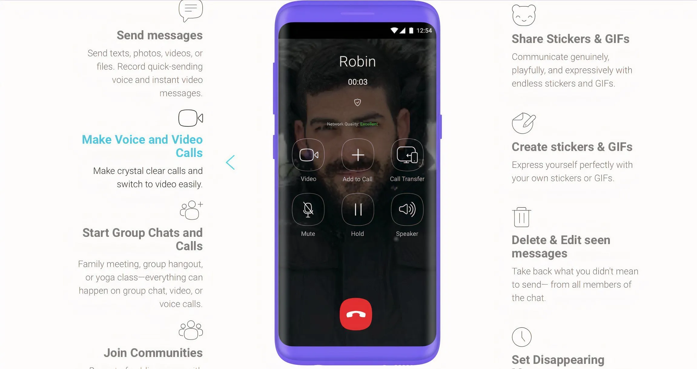 Ảnh chụp màn hình các tính năng và dịch vụ của Viber, bao gồm gọi video và tin nhắn