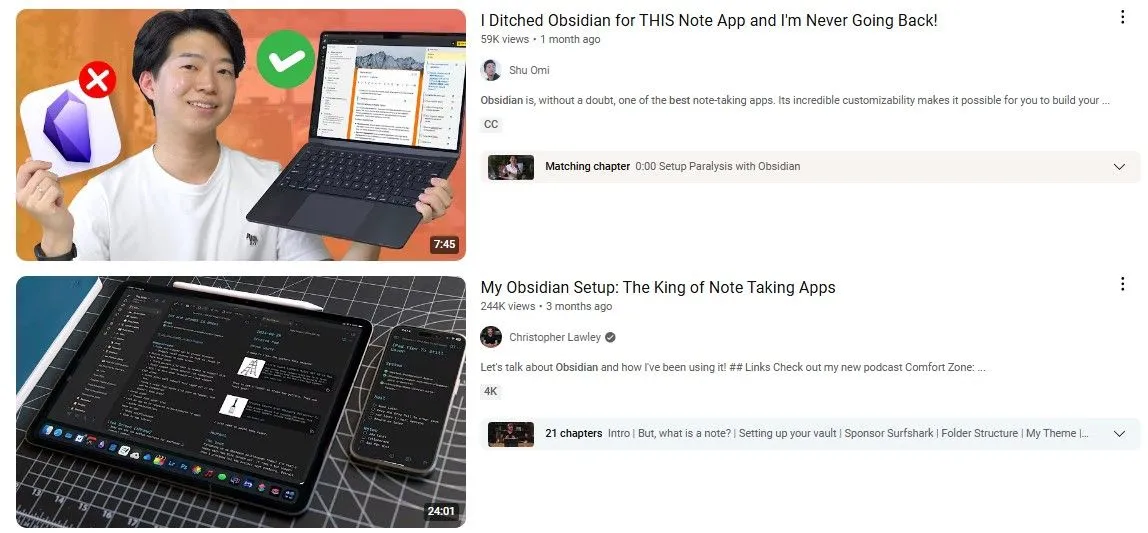 Ảnh chụp màn hình các video YouTube về Obsidian và quản lý tri thức cá nhân, thể hiện ảnh hưởng của các &quot;chuyên gia&quot; năng suất.