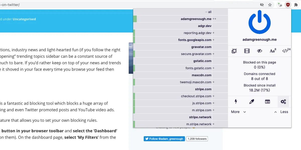 Ảnh chụp màn hình menu uBlock Origin, với biểu tượng Bảng điều khiển (Dashboard) được làm nổi bật