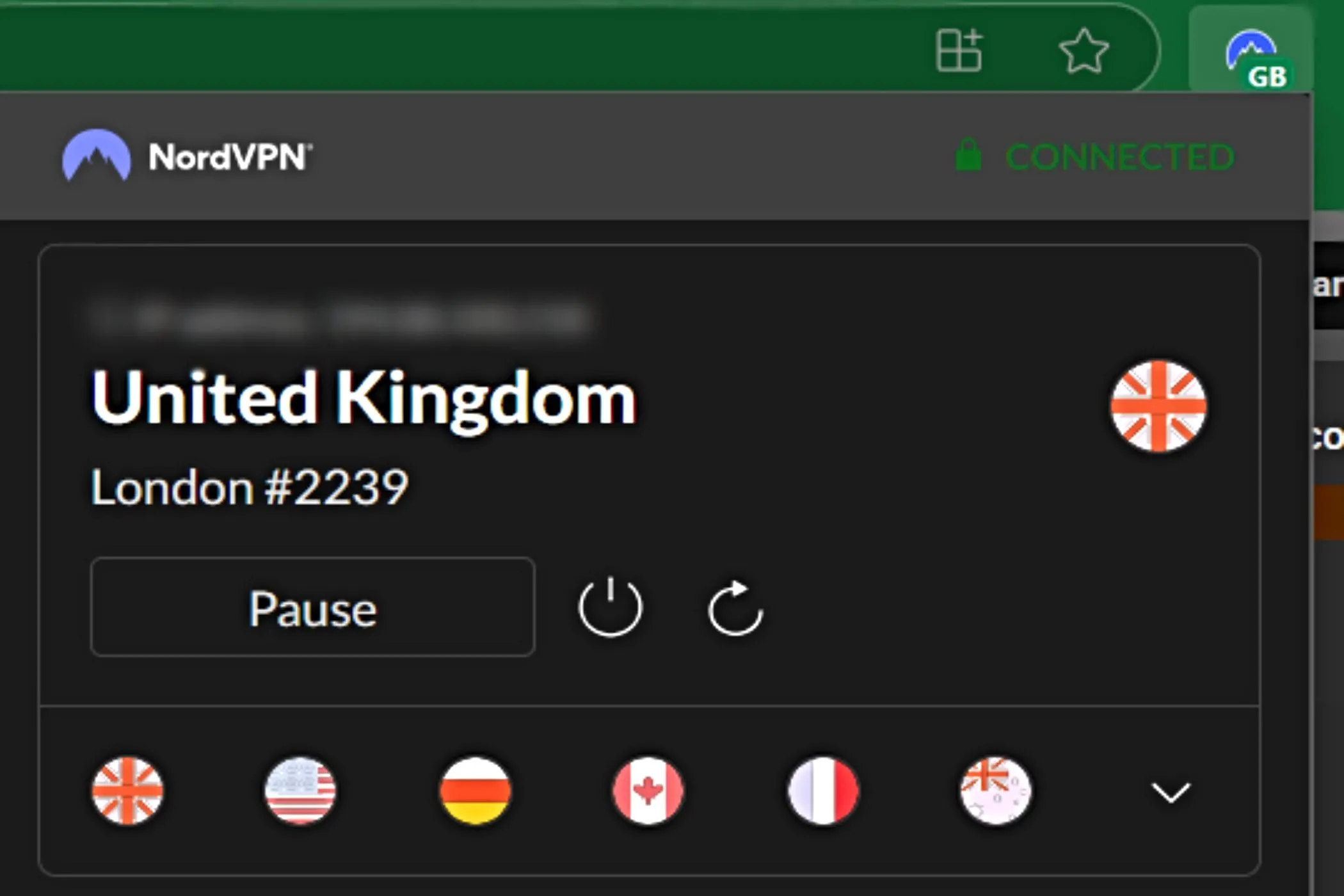 Ảnh chụp màn hình tiện ích mở rộng NordVPN trên trình duyệt Microsoft Edge, cho thấy giao diện điều khiển VPN ngay trên trình duyệt.