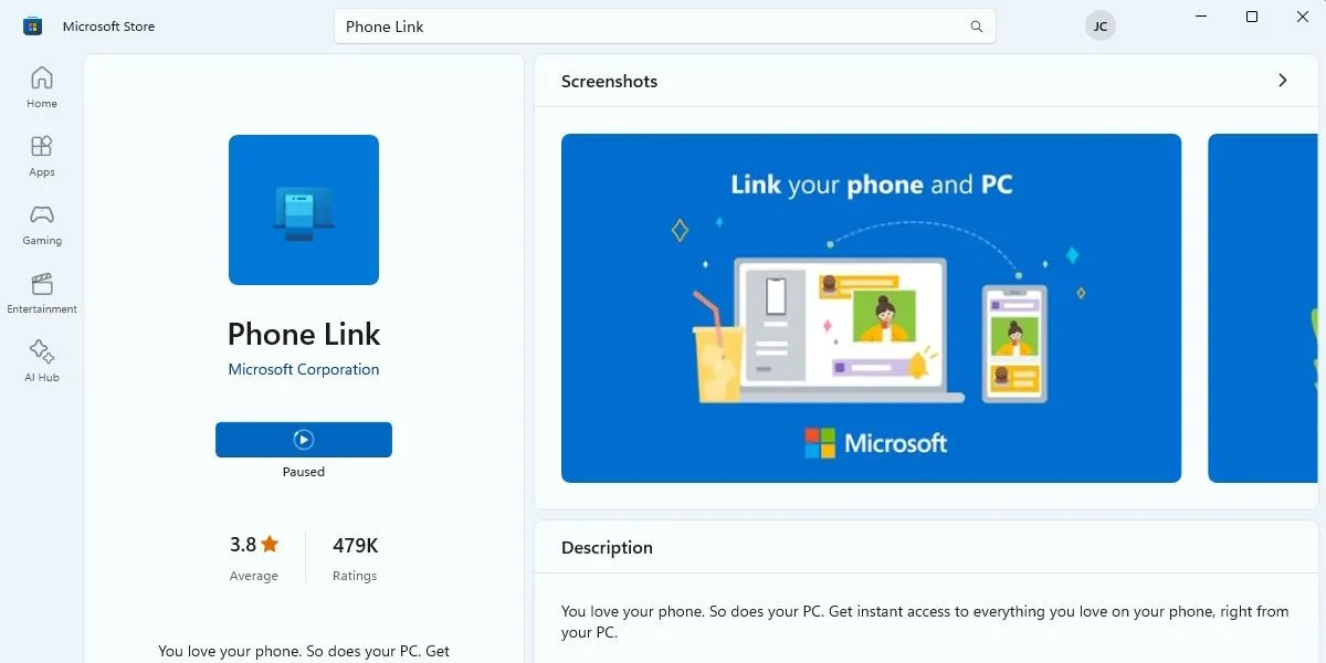 Ảnh chụp màn hình ứng dụng Microsoft Phone Link trong Microsoft Store, làm nổi bật khả năng đồng bộ hóa đa nền tảng giữa điện thoại và máy tính Windows.