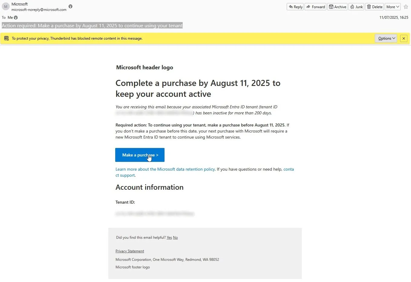 Ảnh email cảnh báo Microsoft Entra ID về tài khoản không hoạt động, nội dung được làm mờ để bảo mật