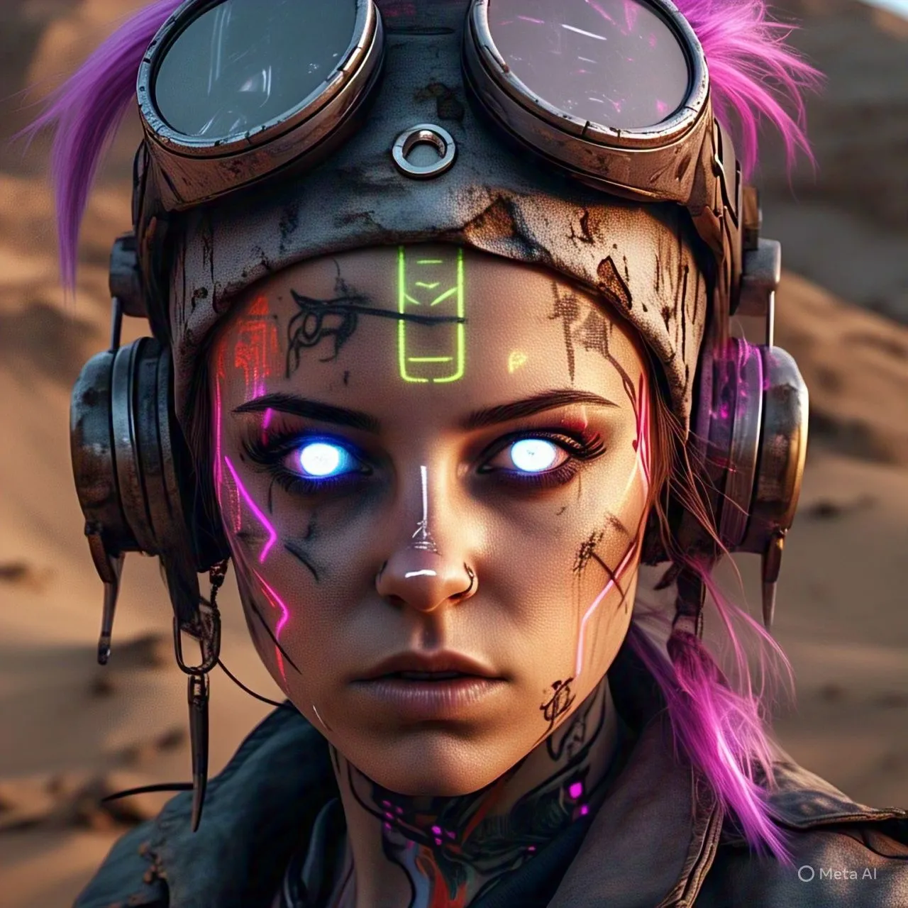 Ảnh tĩnh chân dung người phụ nữ cyberpunk với hình xăm neon và mắt phát sáng trong sa mạc rỉ sét.