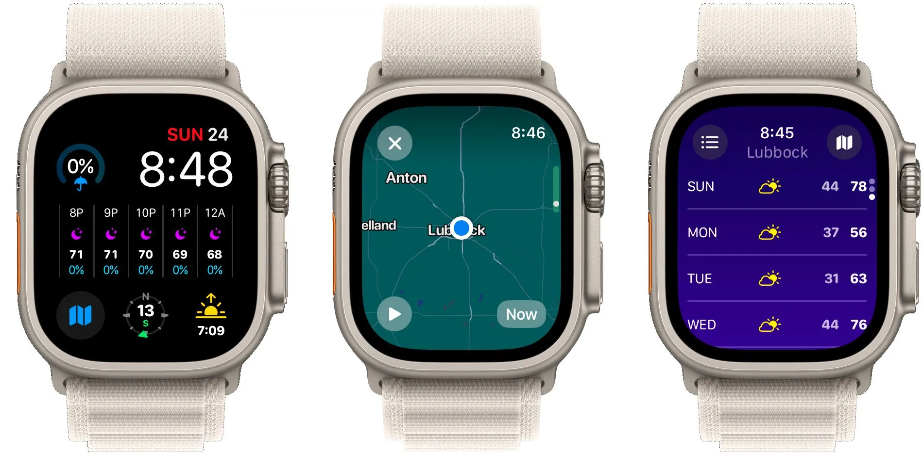 Ba màn hình ứng dụng Carrot Weather trên Apple Watch hiển thị thông tin thời tiết