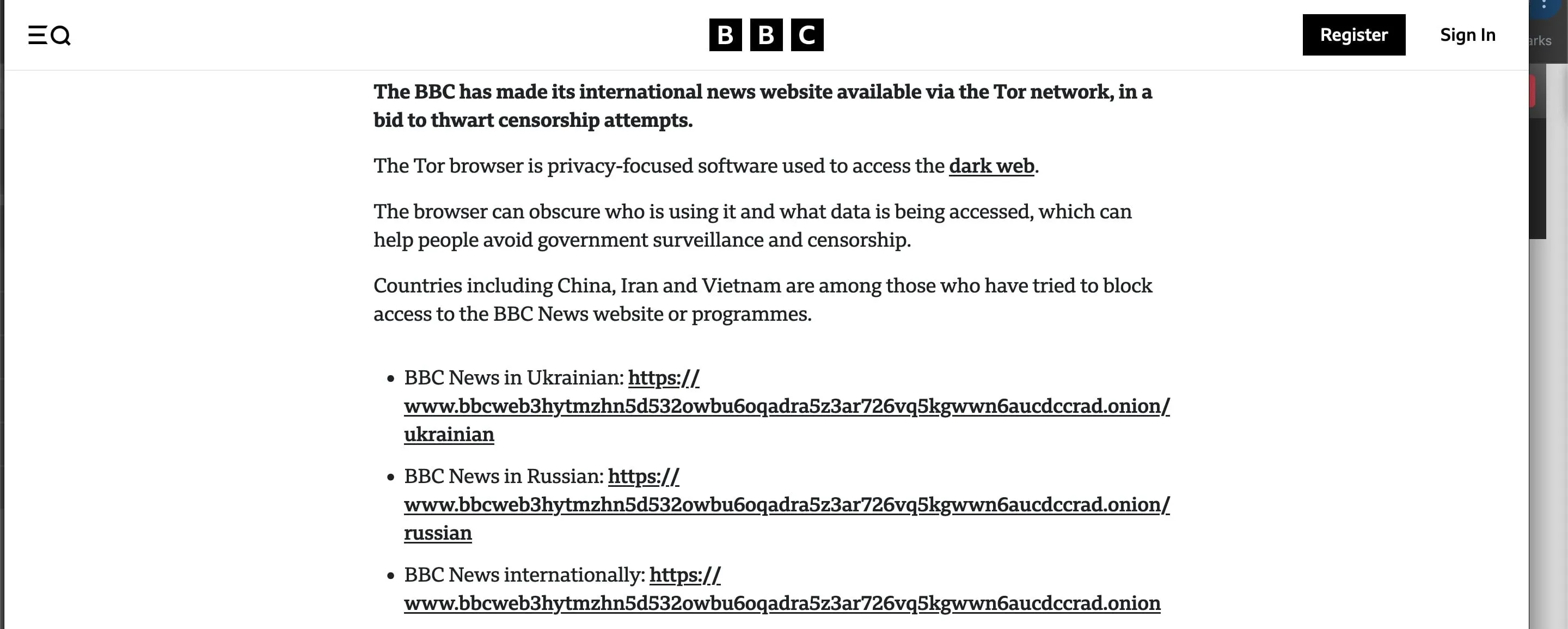 Bài viết của BBC hiển thị các địa chỉ .onion chính thức của họ để xác minh trang Dark Web