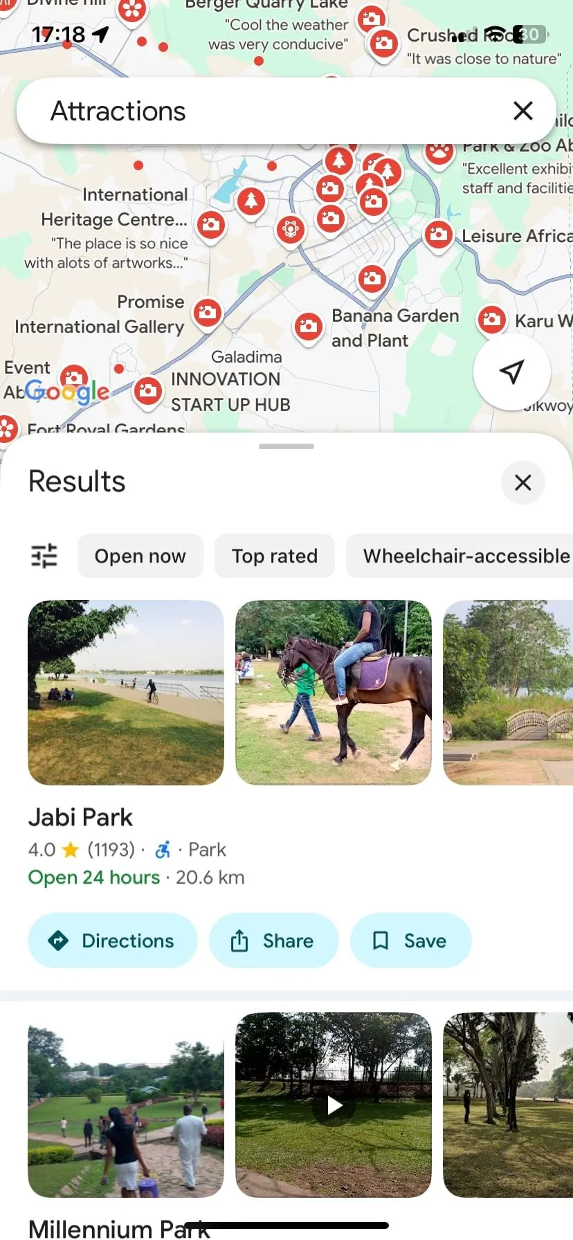 Bản đồ Google Maps hiển thị các điểm tham quan nổi bật tại Abuja, Nigeria, minh họa khả năng định vị đa năng của ứng dụng.