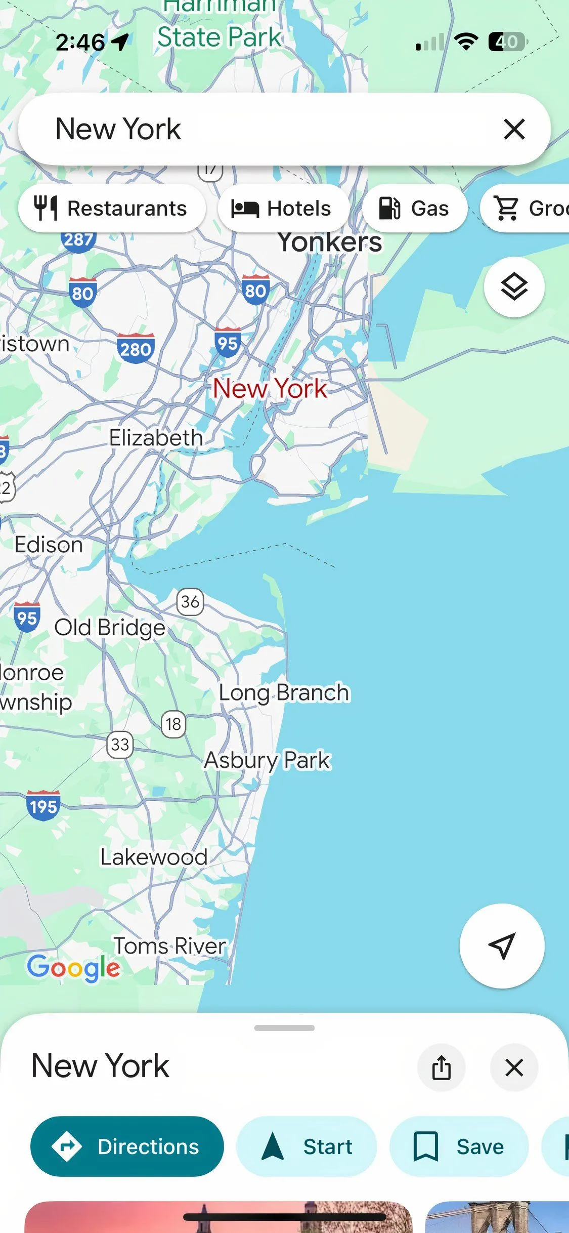 Bản đồ khu vực trung tâm New York hiển thị các tuyến đường và địa điểm trên ứng dụng Google Maps