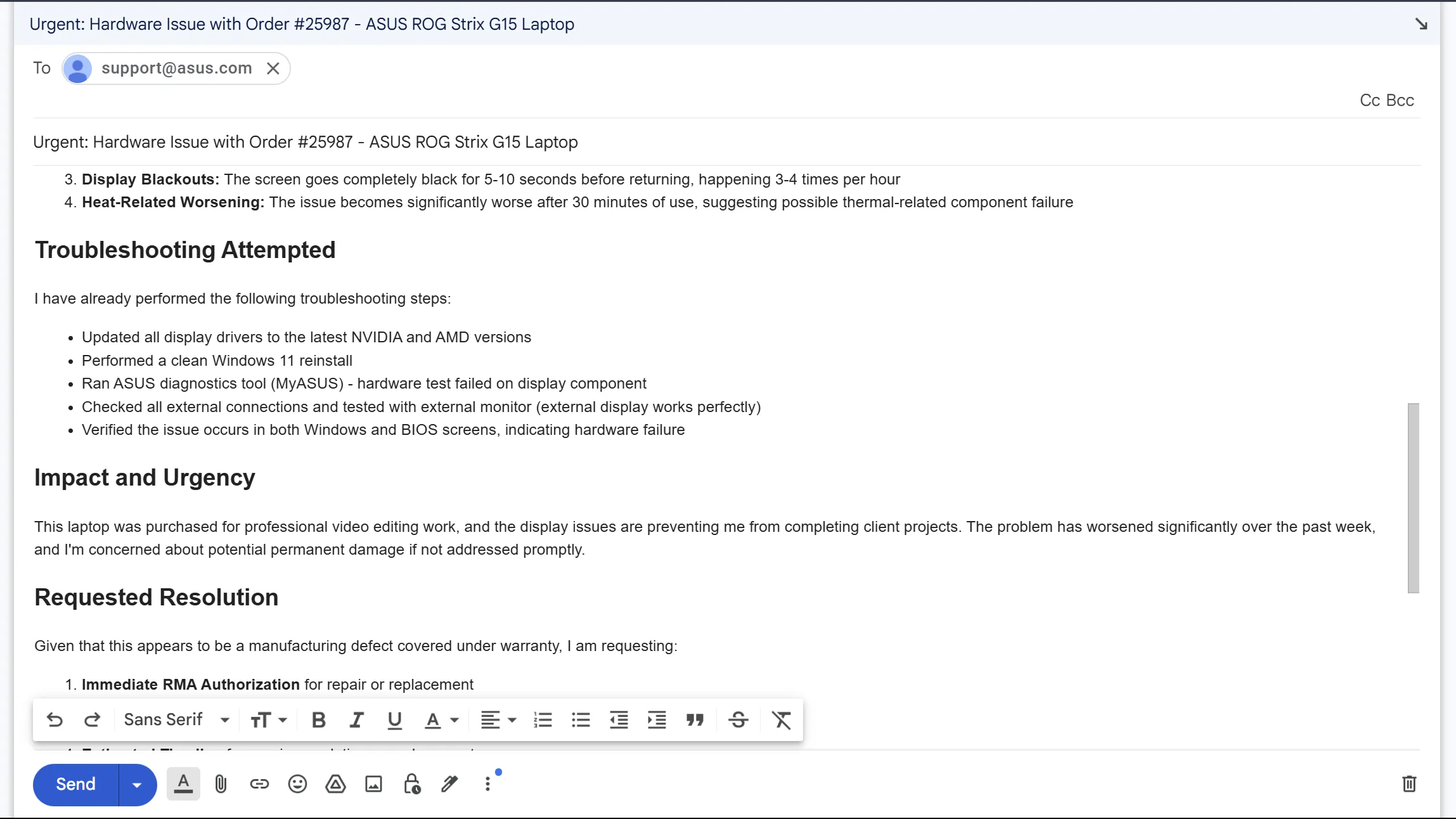 Bản nháp email gửi đến hỗ trợ ASUS về sự cố phần cứng laptop
