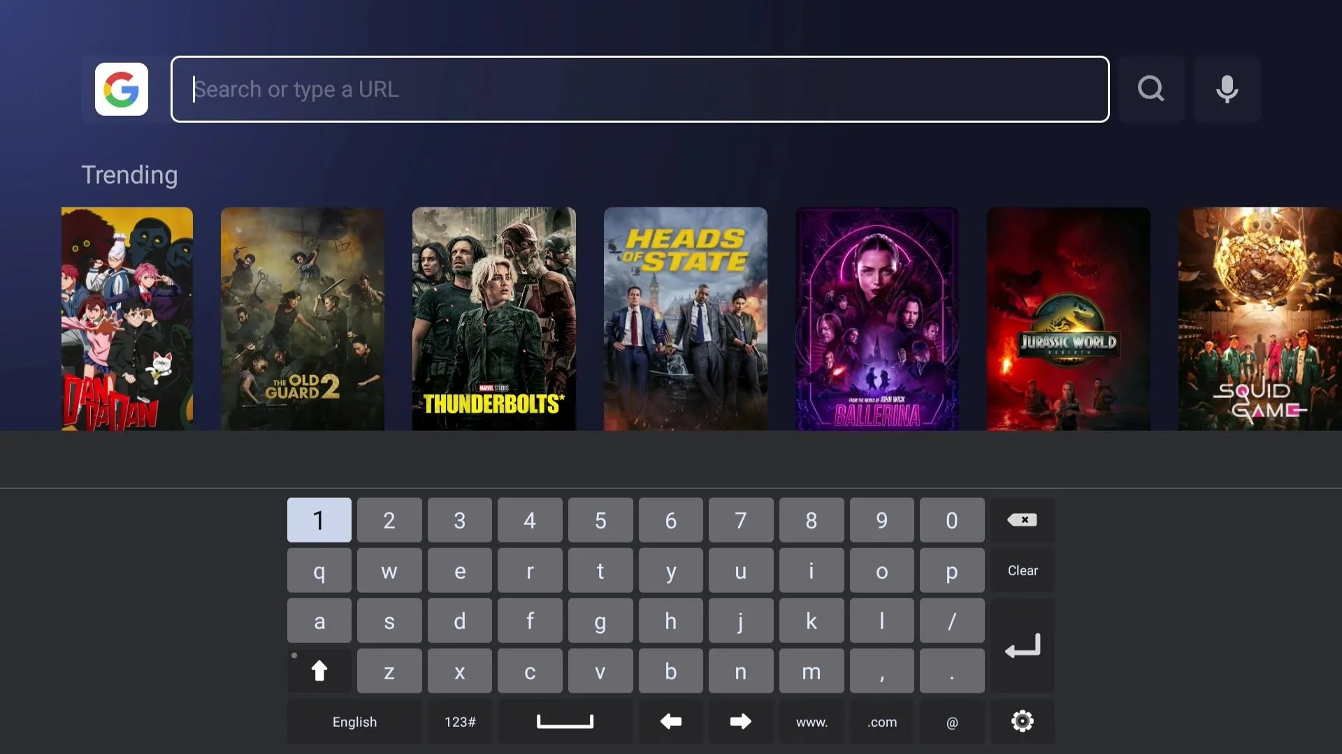 Bàn phím ảo trên màn hình Smart TV đang mở trong ứng dụng trình duyệt, minh họa sự bất tiện khi nhập liệu bằng remote.