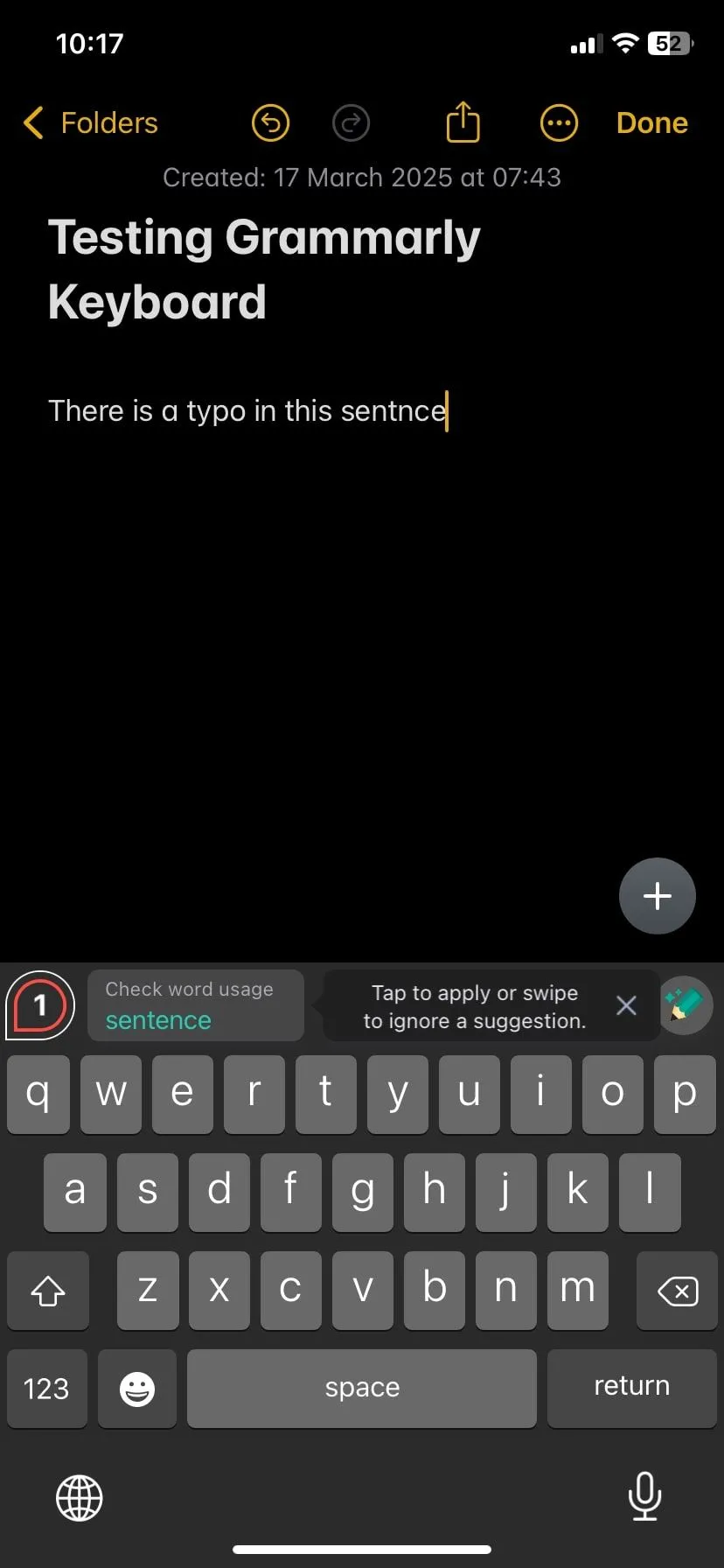 Bàn phím Grammarly hiển thị lỗi chính tả được phát hiện trên iPhone