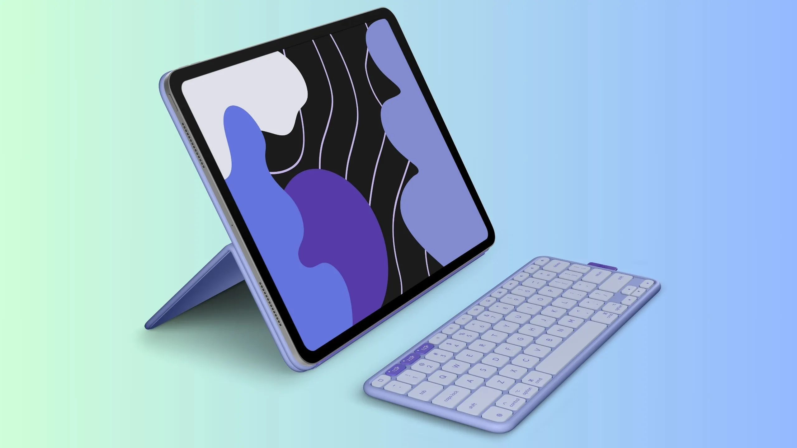 Bàn phím Logitech Flip Folio màu Lilac nổi bật trên nền thẩm mỹ và hiện đại