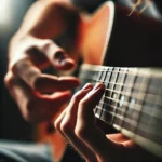Bàn tay chơi guitar với ngón tay và dây đàn bị biến dạng do DALL-E tạo ra