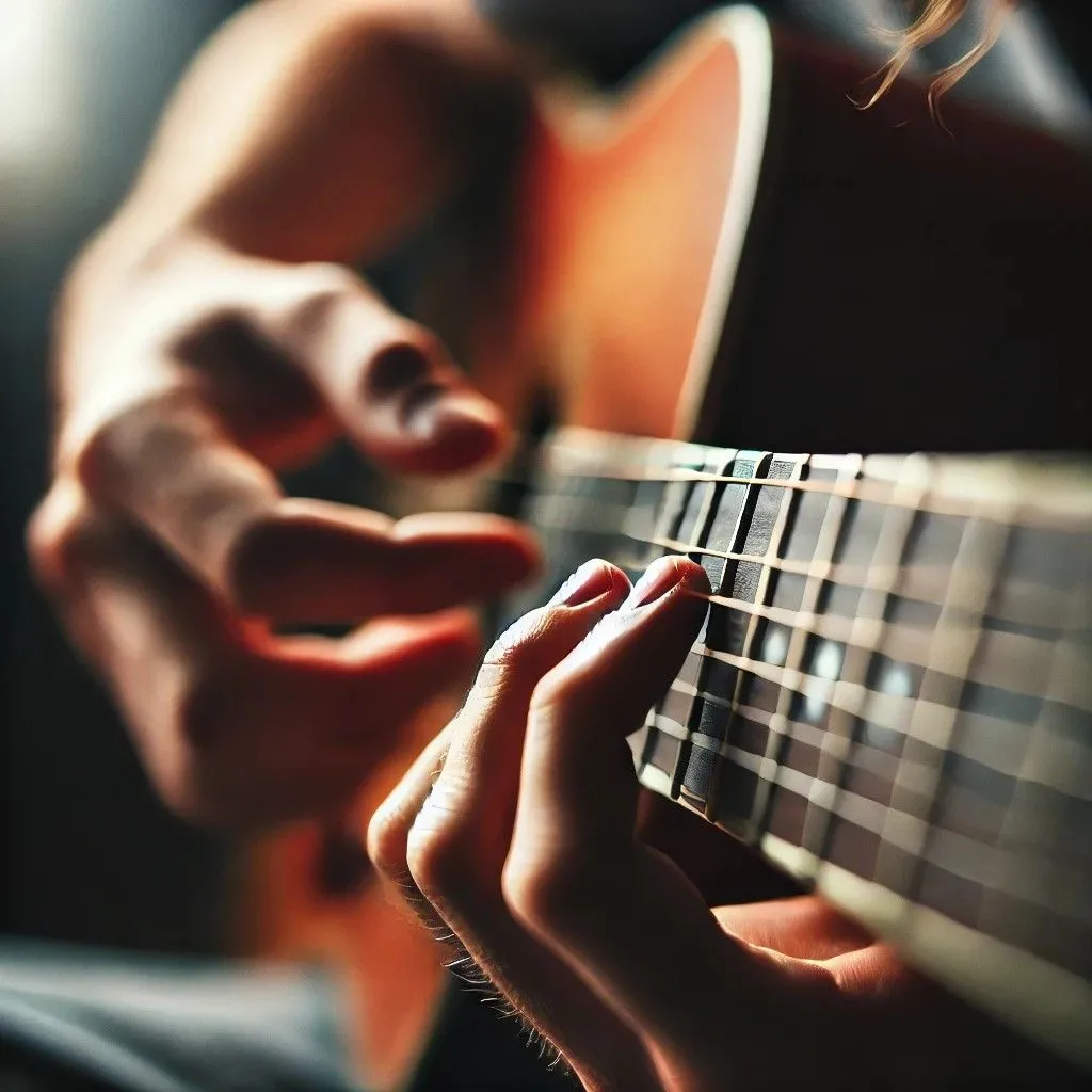 Bàn tay chơi guitar với ngón tay và dây đàn bị biến dạng do DALL-E tạo ra