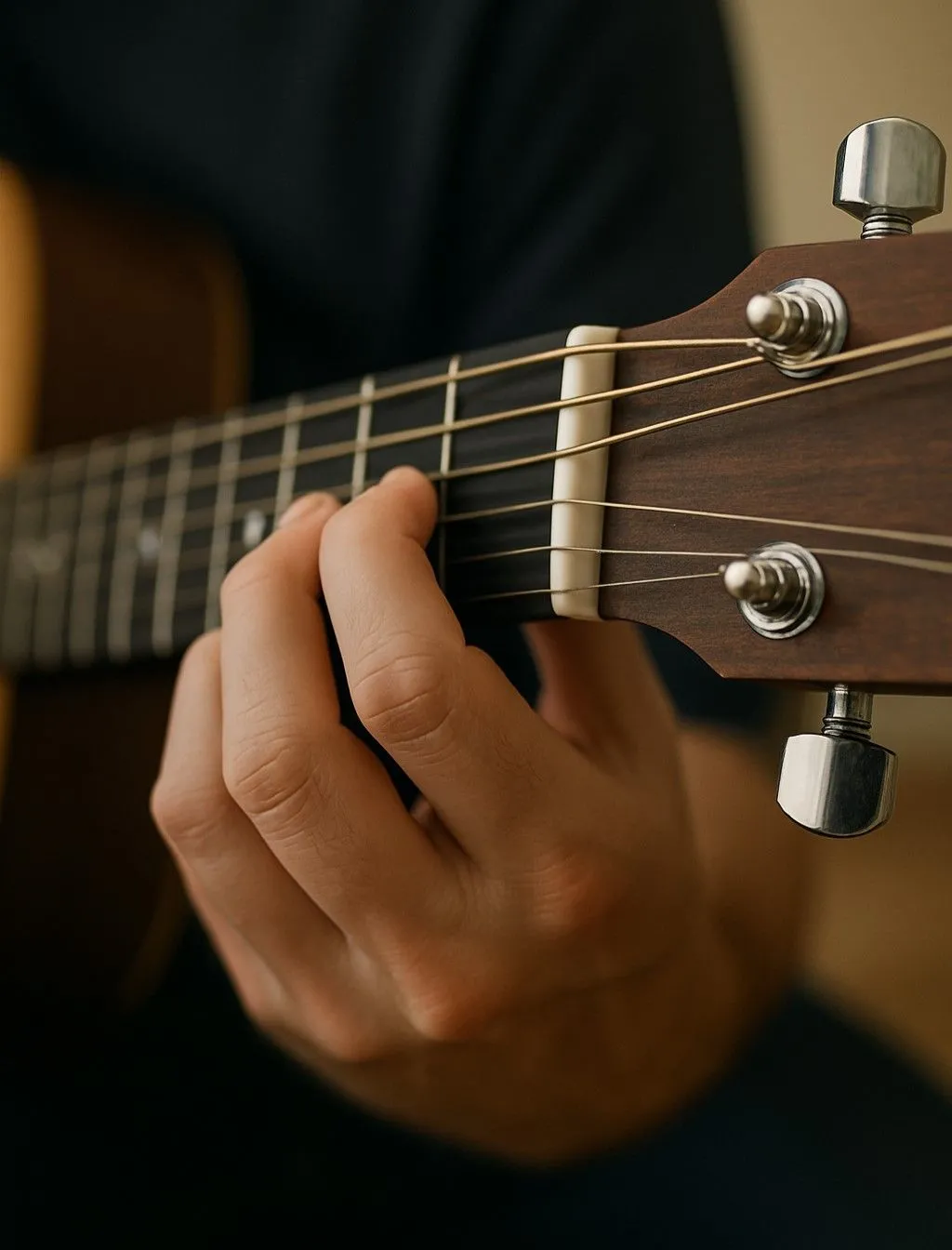 Bàn tay thực tế đang chơi hợp âm E minor trên đàn guitar acoustic được tạo bởi ChatGPT 4o
