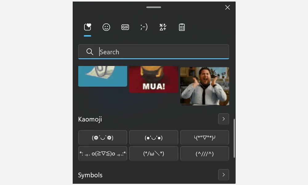 Bảng chọn biểu tượng cảm xúc (Emoji Picker) trên Windows PC, cung cấp các emoji, kaomoji và ký hiệu đặc biệt