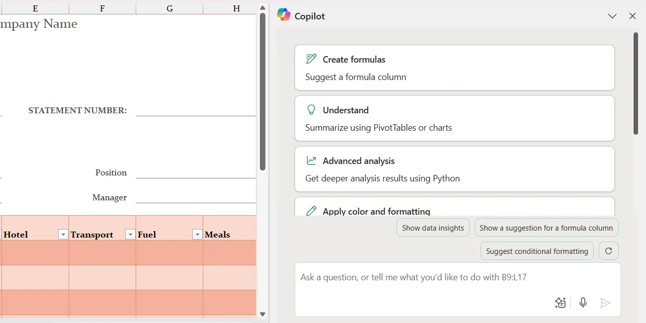 Bảng điều khiển Copilot trong Excel hỗ trợ tạo công thức và phân tích dữ liệu