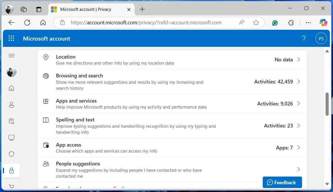 Bảng điều khiển Quyền riêng tư của Microsoft trong cửa sổ trình duyệt