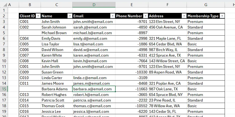 Bảng dữ liệu khách hàng Excel có các ô trống chưa được đánh dấu.