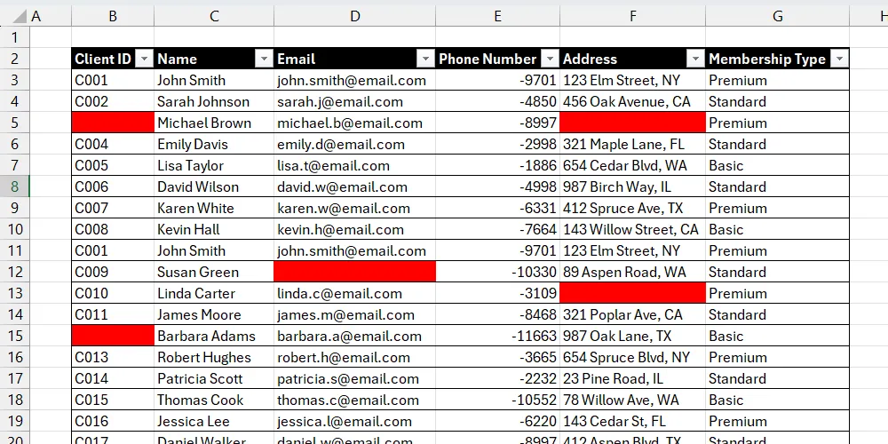 Bảng dữ liệu khách hàng Excel với các ô trống đã được tô màu bằng Định dạng có điều kiện.