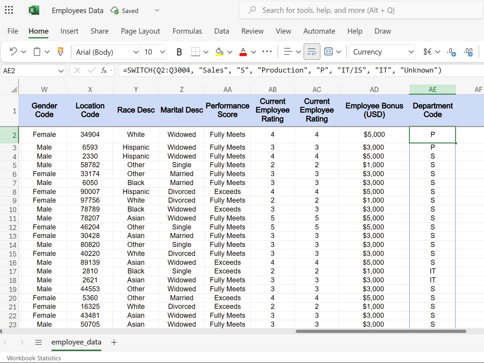 Bảng dữ liệu minh họa cách hàm SWITCH trong Excel chuyển đổi mã phòng ban thành tên đầy đủ
