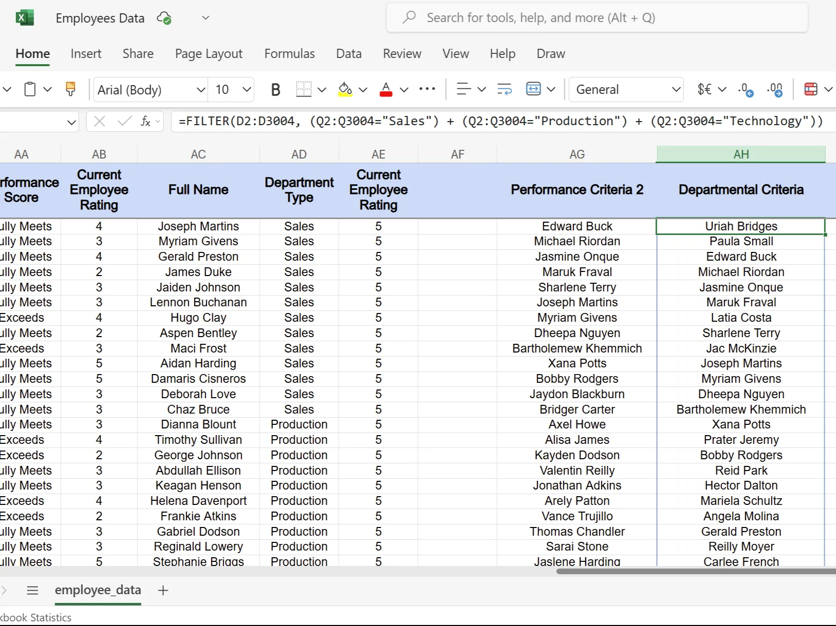 Bảng Excel hiển thị kết quả lọc nhân viên theo nhiều phòng ban sử dụng hàm FILTER với logic OR