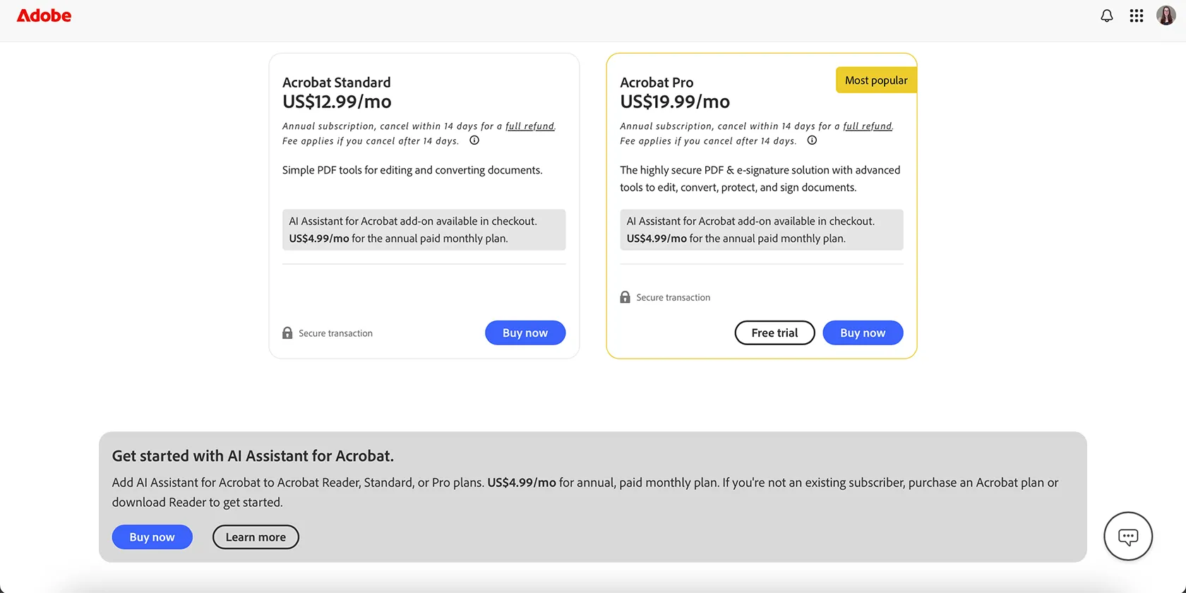Bảng giá đăng ký Adobe Acrobat AI Assistant và tính năng AI đọc hợp đồng