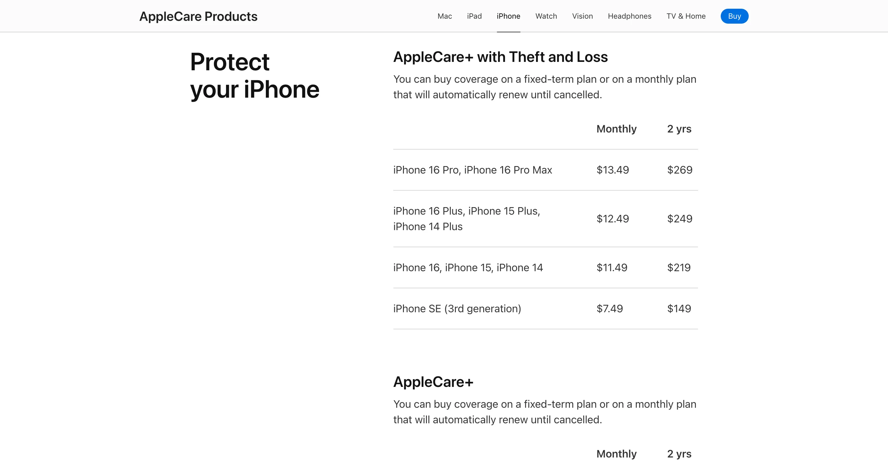 Bảng giá gói bảo hành AppleCare+ cho các dòng iPhone khác nhau, thể hiện chi phí hàng tháng và trả một lần.