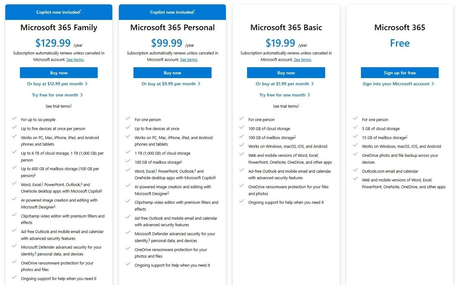Bảng giá và các gói thuê bao Microsoft 365 kèm dung lượng OneDrive
