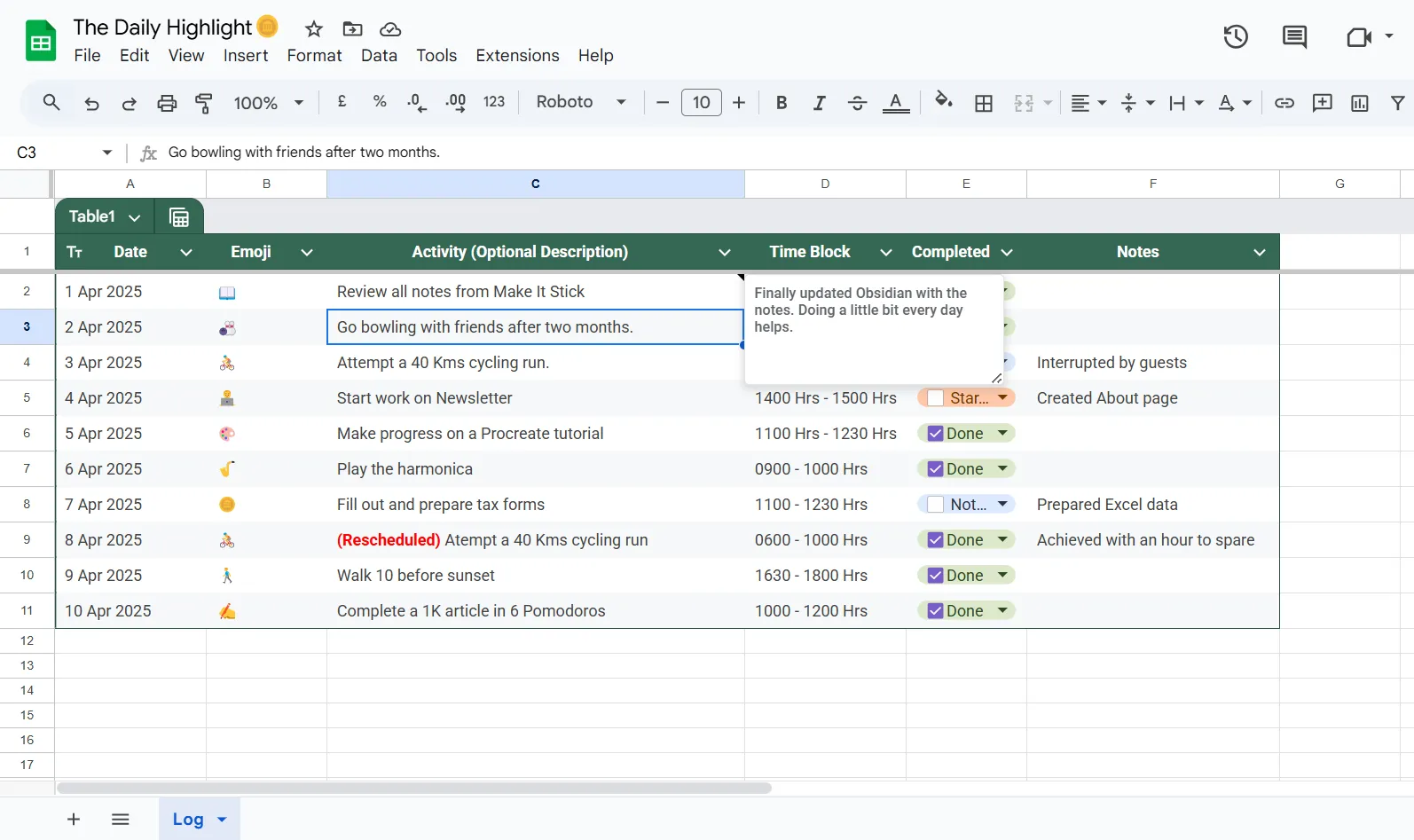 Bảng quản lý Daily Highlight được tổ chức khoa học trong Google Sheets, minh họa cách theo dõi ưu tiên hàng ngày.