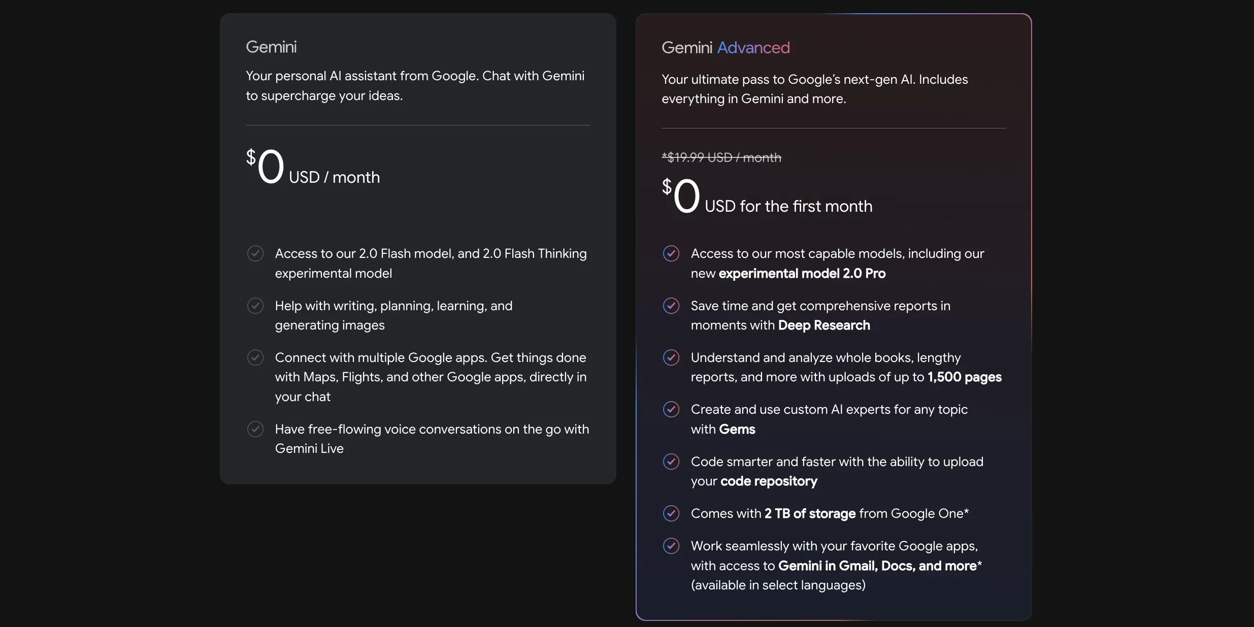 Bảng so sánh các tính năng giữa phiên bản Gemini miễn phí và Gemini Advanced của Google.