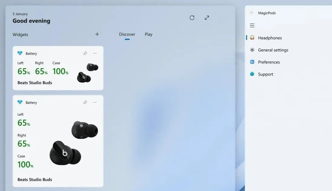 Bảng tiện ích Windows 11 hiển thị mức pin tai nghe Bluetooth thông qua MagicPods