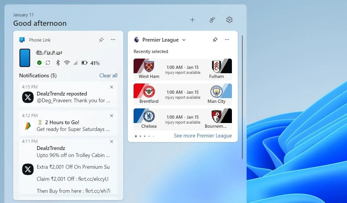 Bảng tiện ích Windows 11 hiển thị ứng dụng Phone Link và trạng thái điện thoại