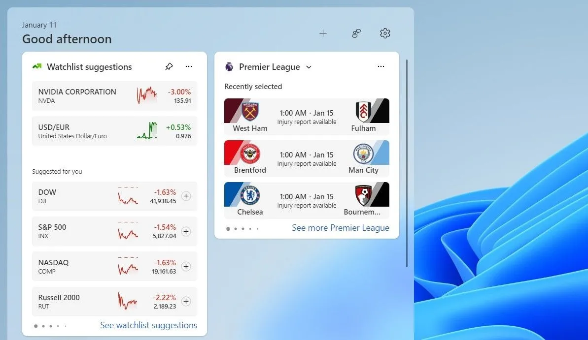 Bảng tiện ích Windows 11 hiển thị widget Danh Mục Theo Dõi với các thông tin tài chính