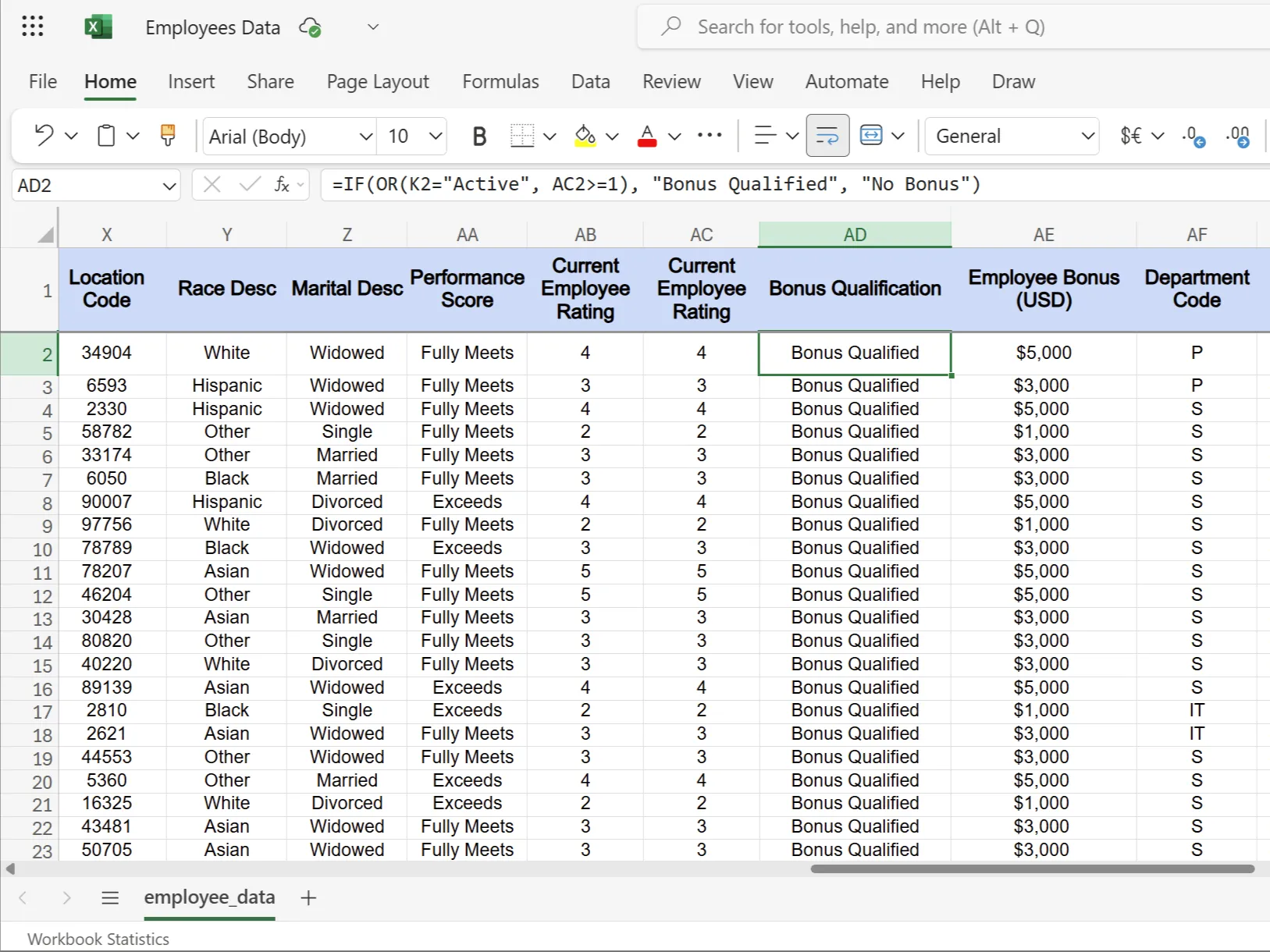 Bảng tính Excel hiển thị điều kiện xét thưởng nhân viên bằng hàm IF kết hợp OR