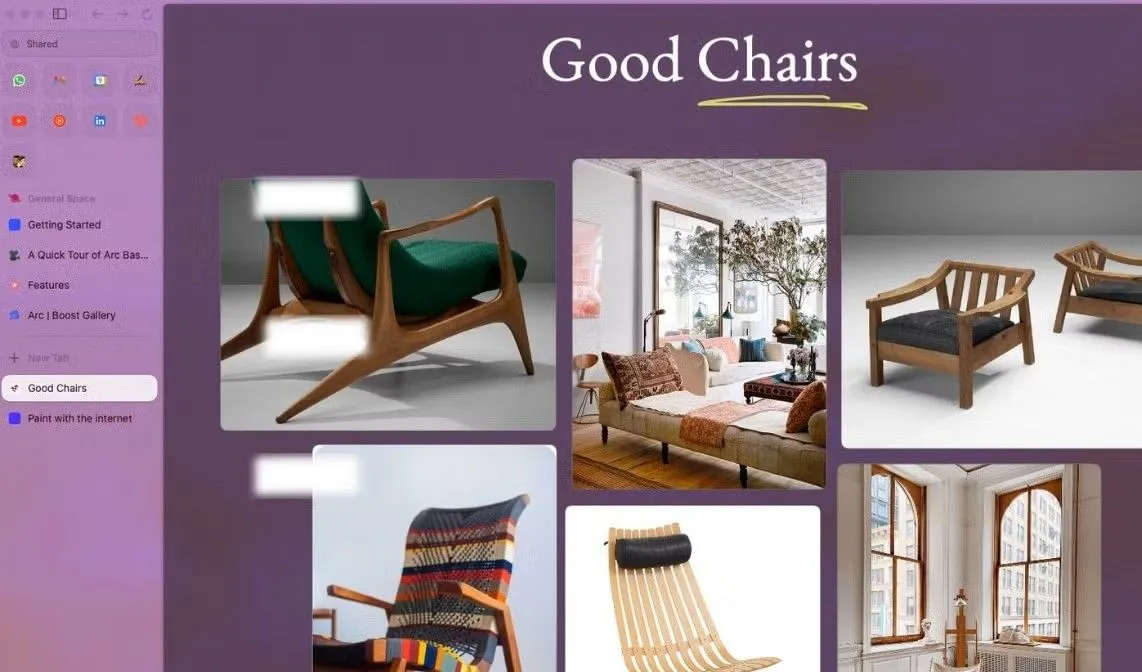 Bảng vẽ ảo Arc Easel trong trình duyệt Arc hiển thị các hình ảnh ghế được sắp xếp trên giao diện.