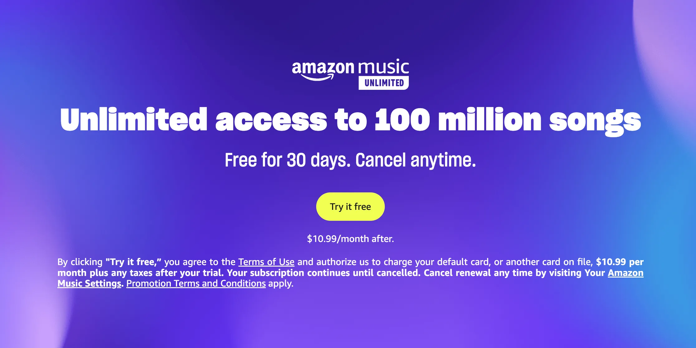 Banner quảng cáo Amazon Music Unlimited giới thiệu các gói dịch vụ và ưu đãi dùng thử