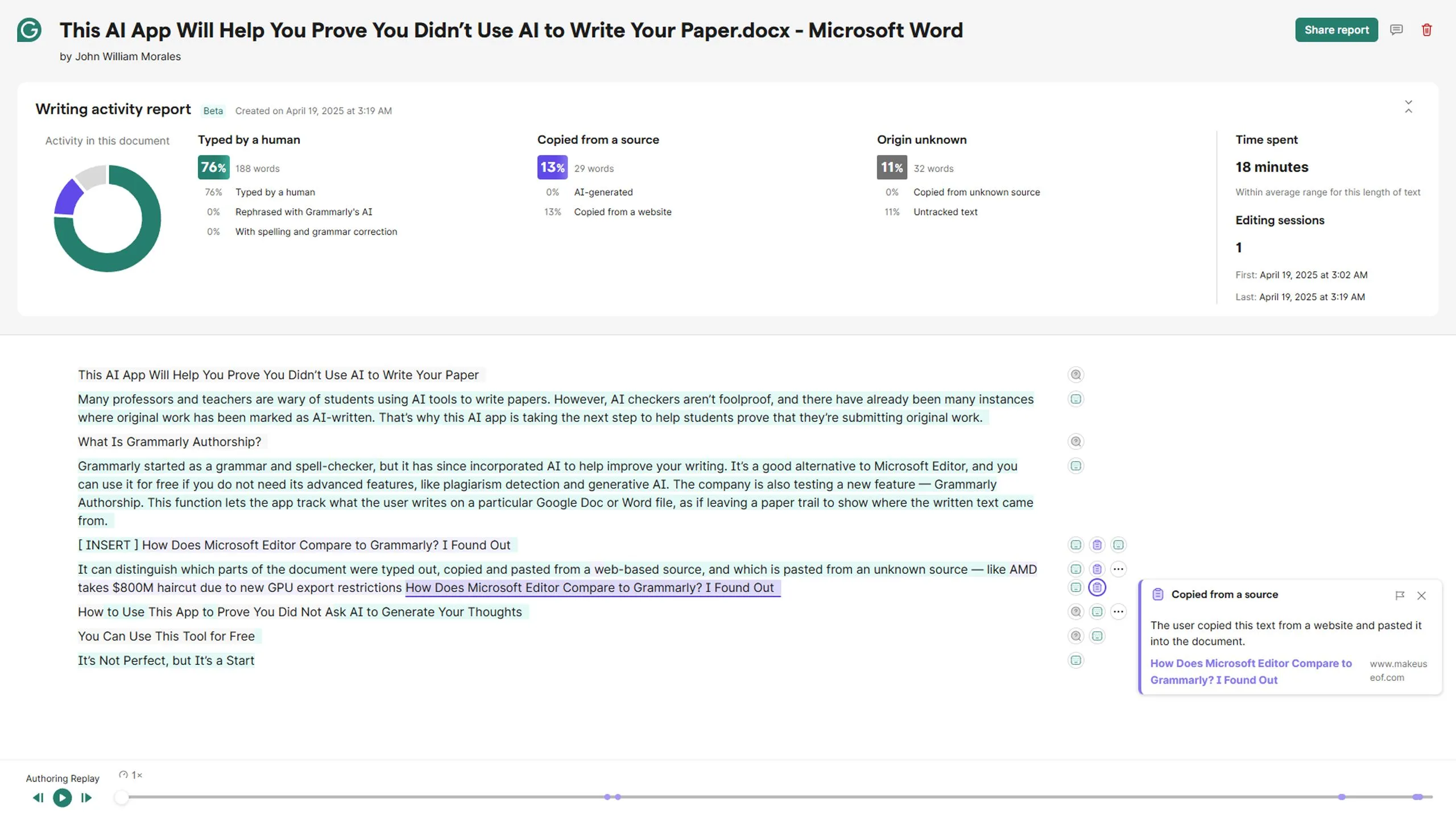 Báo cáo phiên làm việc của Grammarly Authorship hiển thị tỷ lệ văn bản được gõ bởi người dùng và nguồn gốc nội dung