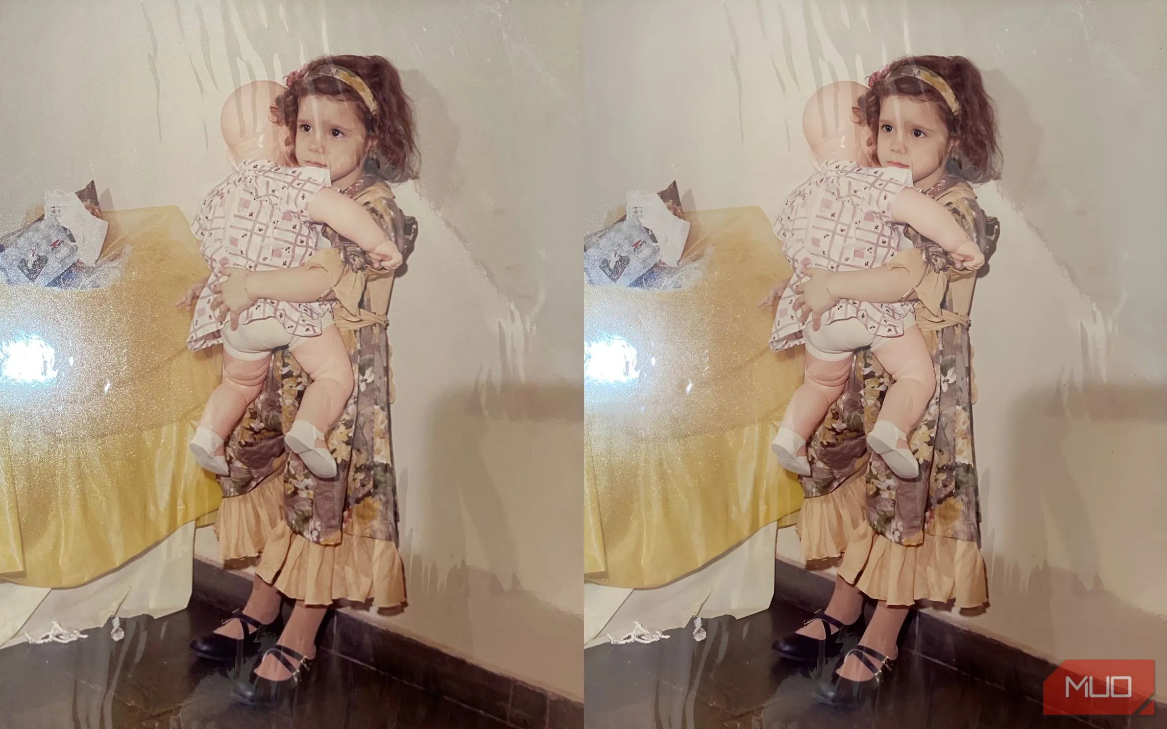 Bé gái ôm búp bê trong ảnh cũ được AI Picsart làm rõ nét