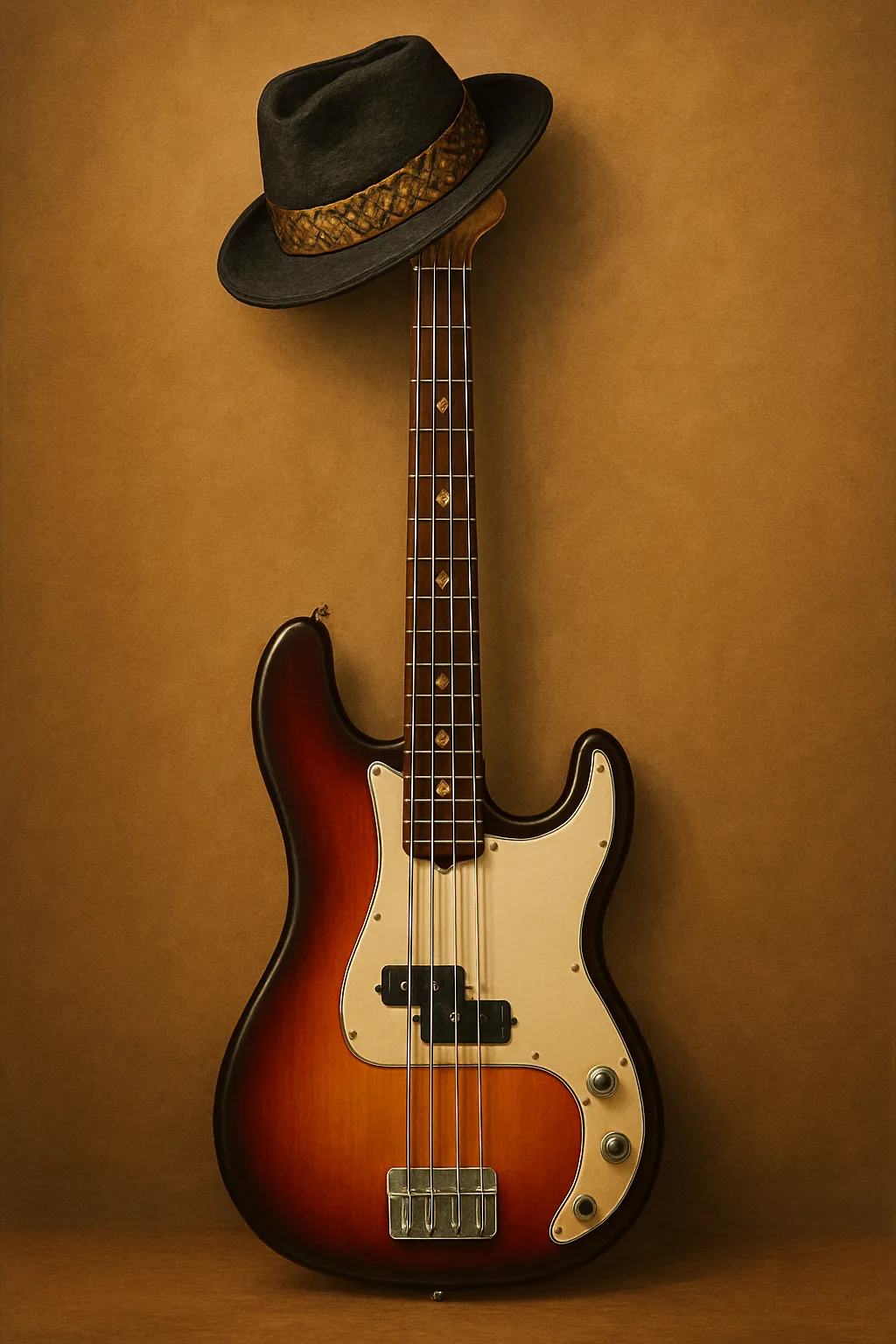 Bìa sách minh họa cây đàn guitar bass và mũ fedora, thể hiện khả năng thiết kế bìa sách DIY bằng nghệ thuật AI.