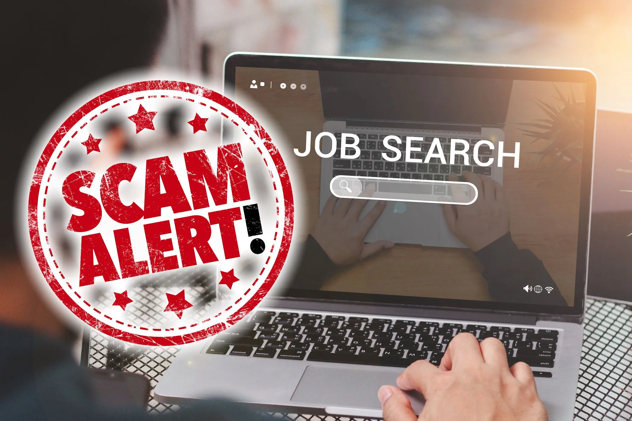 Biển báo &quot;Cảnh báo lừa đảo tuyển dụng&quot; trên nền hình ảnh tìm việc làm online