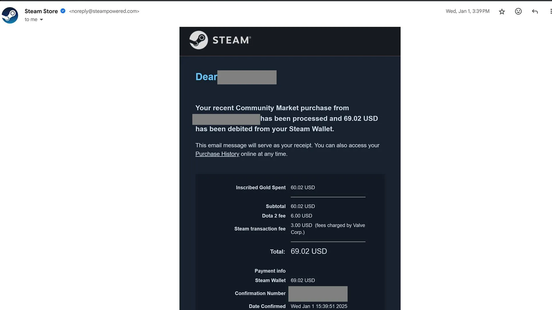 Biên lai email xác nhận giao dịch lừa đảo trên chợ cộng đồng Steam