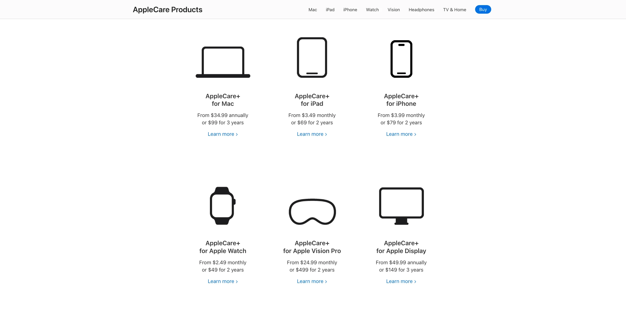 Biểu đồ so sánh các sản phẩm và mức giá AppleCare+ cho nhiều thiết bị Apple khác nhau
