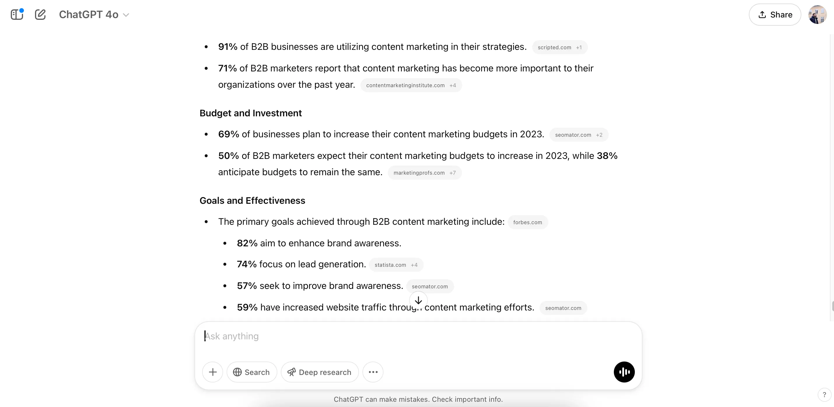 Biểu đồ thống kê nội dung marketing được hiển thị trong ChatGPT Deep Research