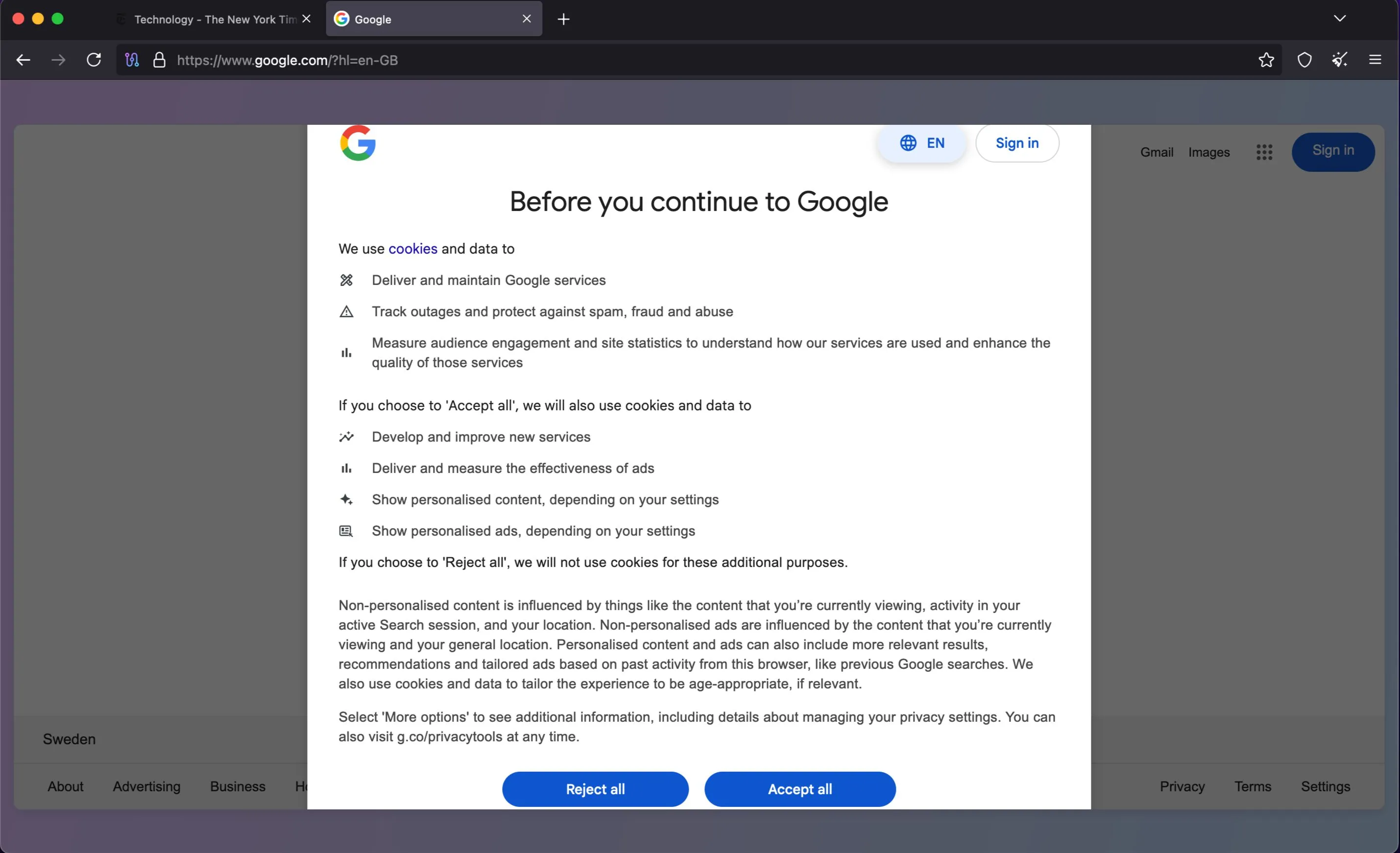 Biểu ngữ đồng ý cookie của Google khi truy cập qua Tor Browser