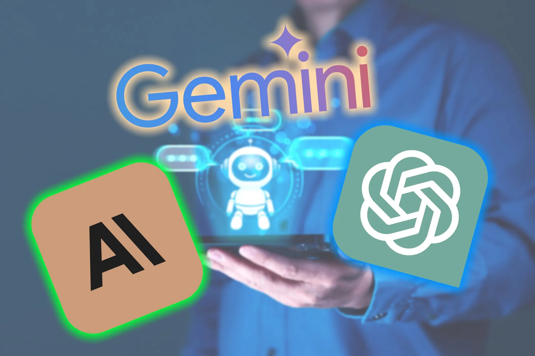 Biểu tượng các công cụ AI phổ biến như Gemini, ChatGPT và Claude cùng hình minh họa chatbot