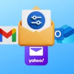 Biểu tượng email với bộ lọc cùng logo Gmail, Yahoo Mail và Outlook minh họa việc sử dụng nhiều tài khoản email cho mục đích mua sắm ẩn danh.