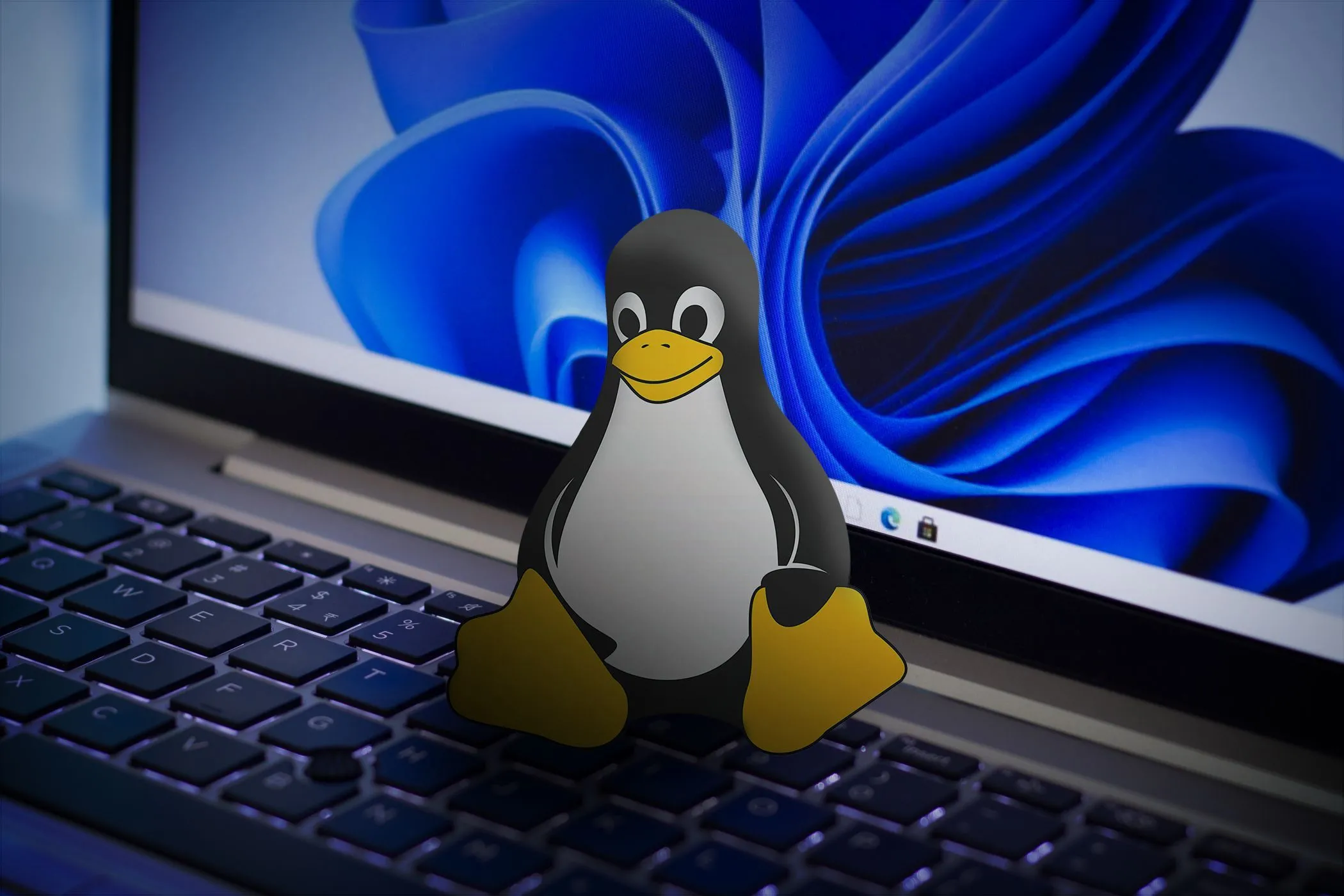 Biểu tượng Linux đặt trên bàn phím laptop, với màn hình hiển thị hình nền Windows 11, gợi ý Linux là giải pháp thay thế nhẹ hơn cho Windows.