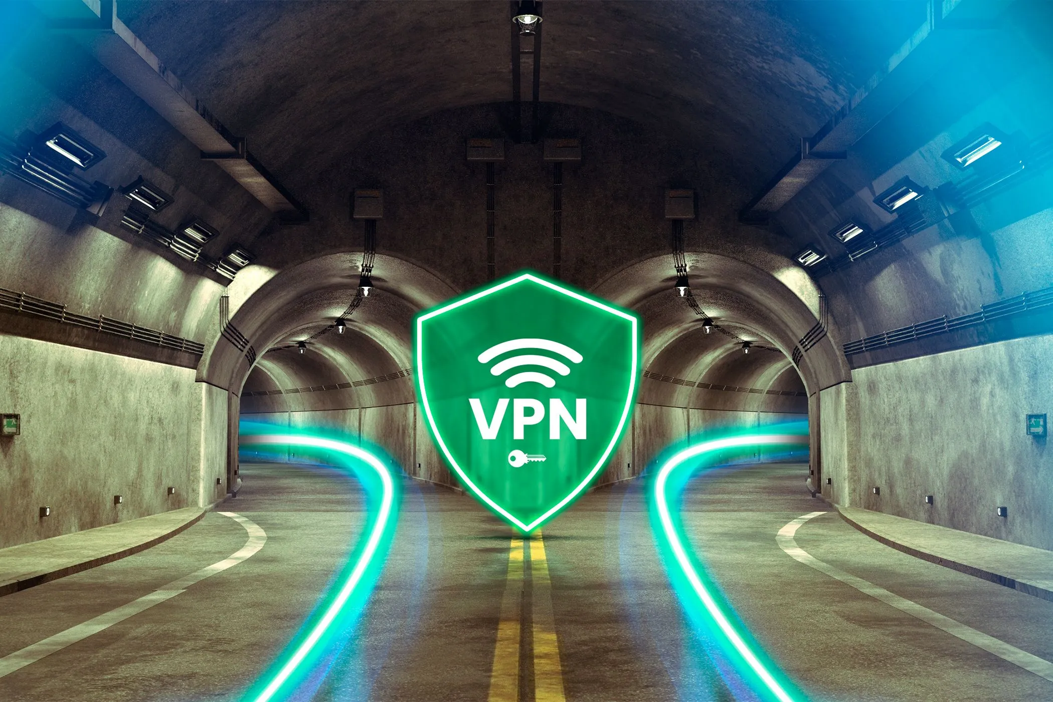 Biểu tượng VPN trên hình ảnh đường hầm phân nhánh, tượng trưng cho kết nối bảo mật.